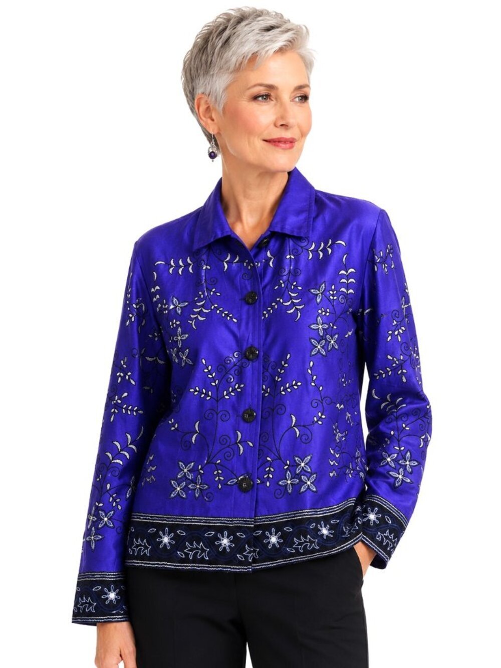 Chico's Purple Floral Embroidered Pure Silk Shirt Jacket